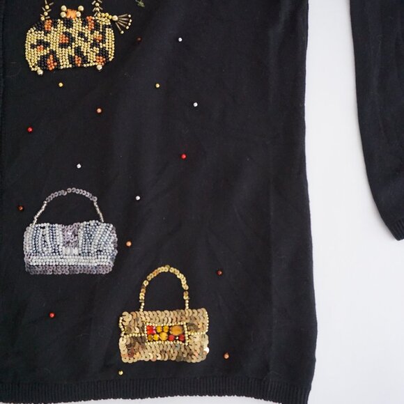 Absolutely Fabulous Black w Gold Beaded Purse Motif Glam 90s Sweater L - Picture 5 of 10